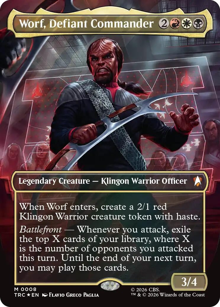 Image for Worf, Defiant Commander (Borderless) (Surge Foil) (Commander: Star Trek) (8) (TRC) - Magic: The Gathering