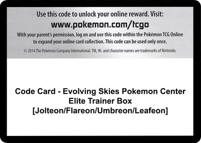 Code Card - Evolving Skies Pokemon Center Elite Trainer Box [Jolteon/Flareon/Umbreon/Leafeon] (SWSH07: Evolving Skies)