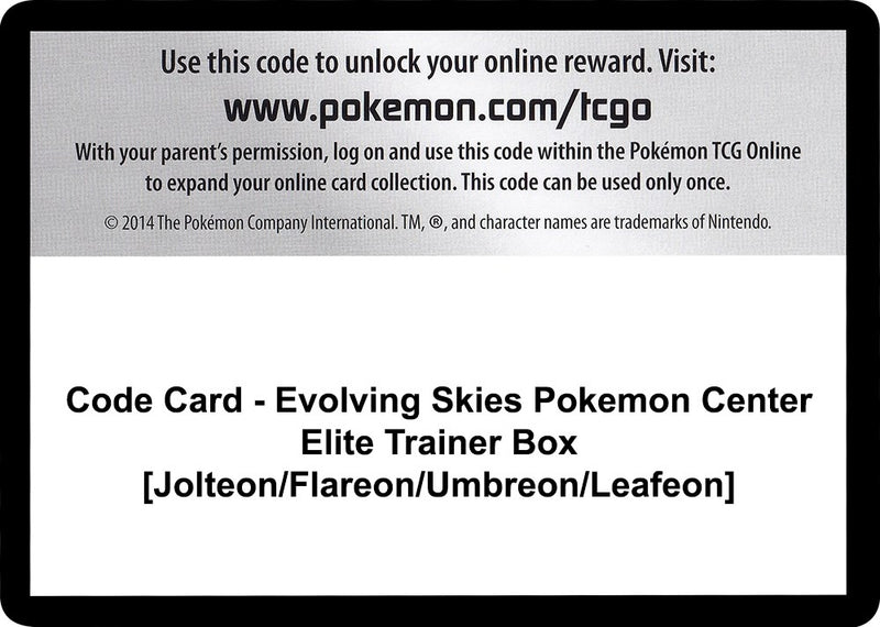 Image for Code Card - Evolving Skies Pokemon Center Elite Trainer Box [Jolteon/Flareon/Umbreon/Leafeon] (SWSH07: Evolving Skies) - Pokemon
