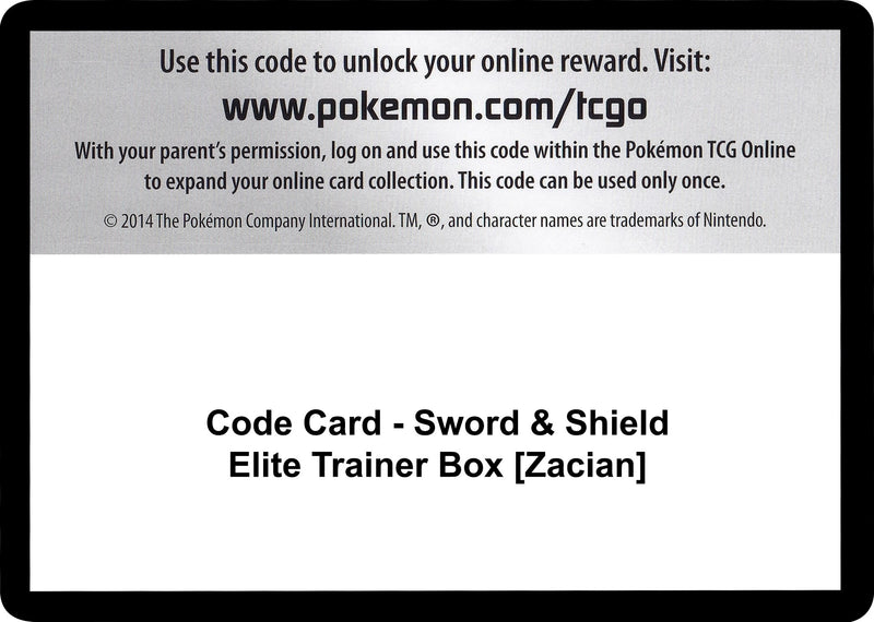 Image for Code Card - Sword & Shield Elite Trainer Box [Zacian] (SWSH01: Sword & Shield Base Set) - Pokemon
