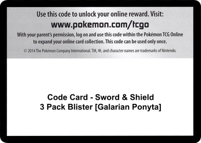 Code Card - Sword & Shield 3 Pack Blister [Galarian Ponyta] (SWSH01: Sword & Shield Base Set)