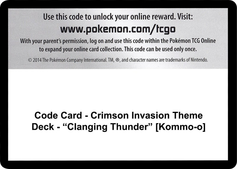 Image for Code Card - Crimson Invasion Theme Deck - "Clanging Thunder" [Kommo-o] (SM - Crimson Invasion) - Pokemon