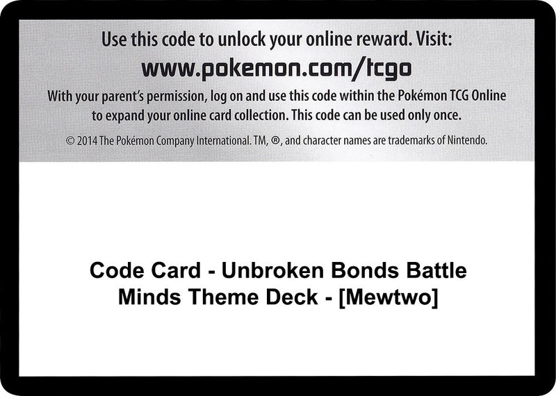Image for Code Card - Unbroken Bonds Battle Minds Theme Deck - [Mewtwo] (SM - Unbroken Bonds) - Pokemon