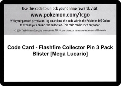 Code Card - Flashfire Collector Pin 3 Pack Blister [Mega Lucario] (XY - Flashfire) (FLF)