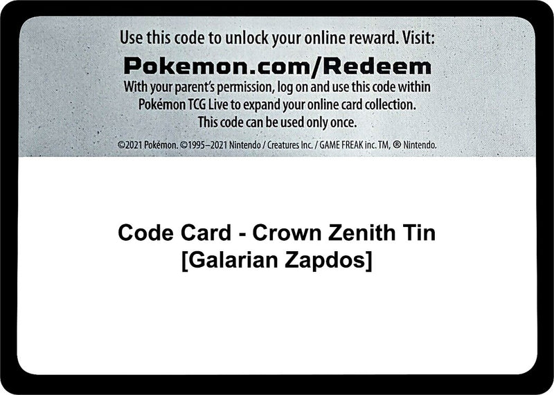 Image for Code Card - Crown Zenith Tin [Galarian Zapdos] - Pokemon