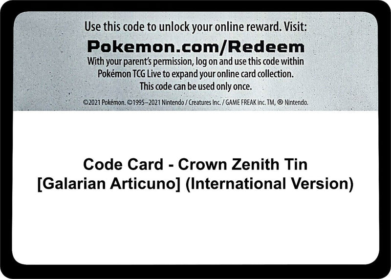 Image for Code Card - Crown Zenith Tin [Galarian Articuno] (International Version) - Pokemon