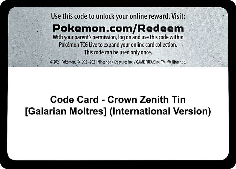 Image for Code Card - Crown Zenith Tin [Galarian Moltres] (International Version) - Pokemon