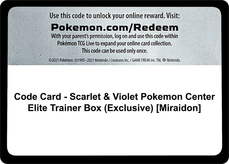 Image for Code Card - Scarlet & Violet Pokemon Center Elite Trainer Box (Exclusive) [Miraidon] (SV01: Scarlet & Violet Base Set) - Pokemon