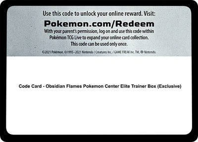 Code Card - Obsidian Flames Pokemon Center Elite Trainer Box (Exclusive) (SV03: Obsidian Flames)