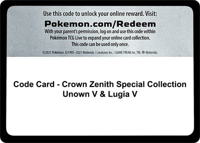 Code Card - Crown Zenith Special Collection [Unown V & Lugia V]