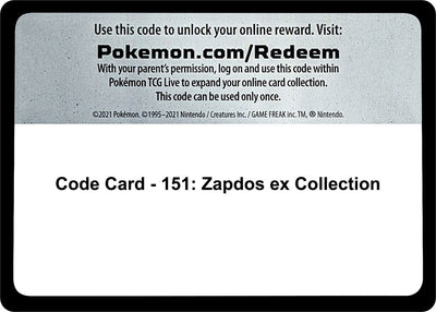 Code Card - 151: Zapdos ex Collection (SV: Scarlet & Violet 151)