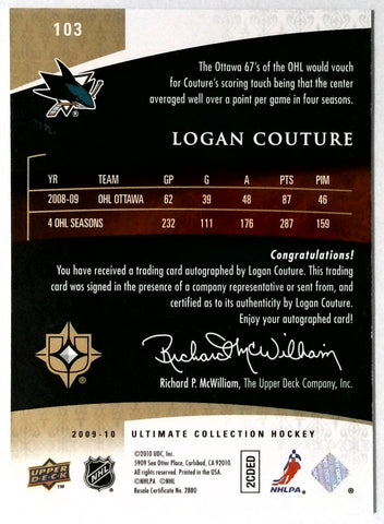 2009 Upper Deck Ultimate Collection #103 Logan Couture      AU, RC, SN299